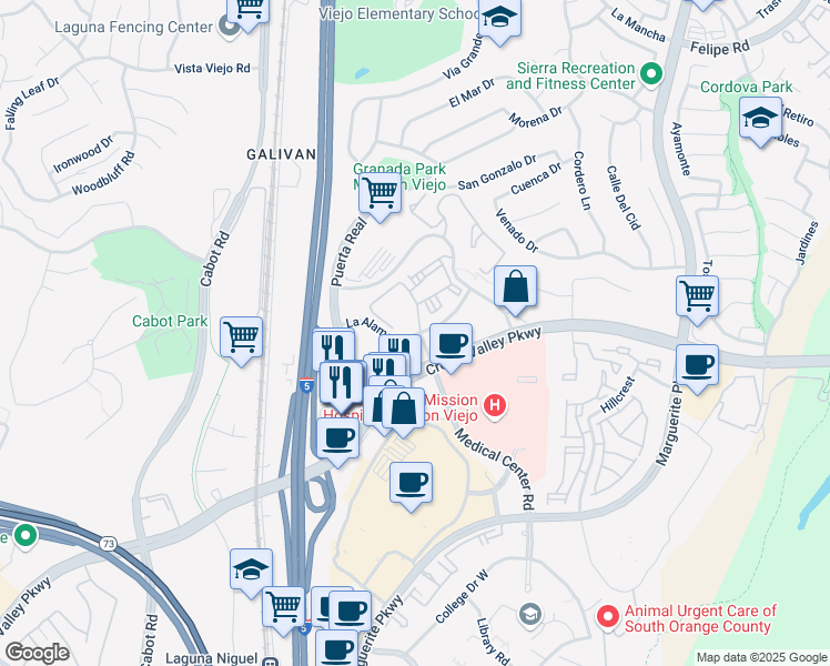 map of restaurants, bars, coffee shops, grocery stores, and more near 26841 La Alameda in Mission Viejo