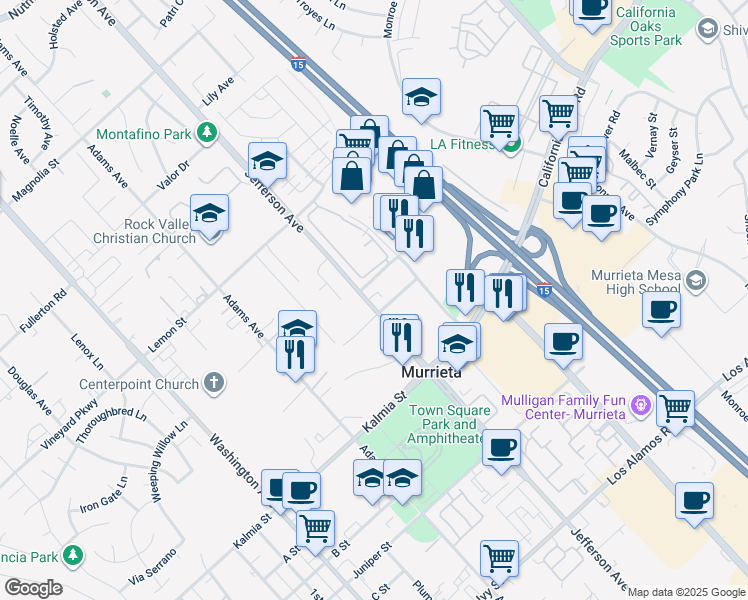 map of restaurants, bars, coffee shops, grocery stores, and more near 24490 Jefferson Avenue in Murrieta