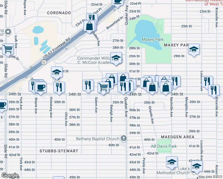 map of restaurants, bars, coffee shops, grocery stores, and more near 4426 34th Street in Lubbock