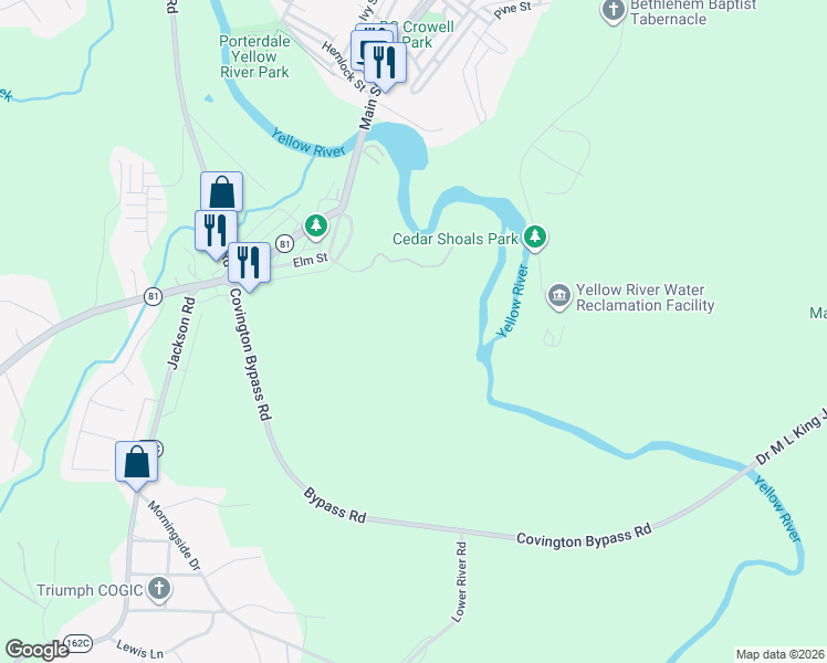 map of restaurants, bars, coffee shops, grocery stores, and more near Elm Street Alley in Porterdale