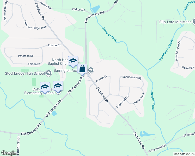 map of restaurants, bars, coffee shops, grocery stores, and more near 25 Cowan Court in Stockbridge