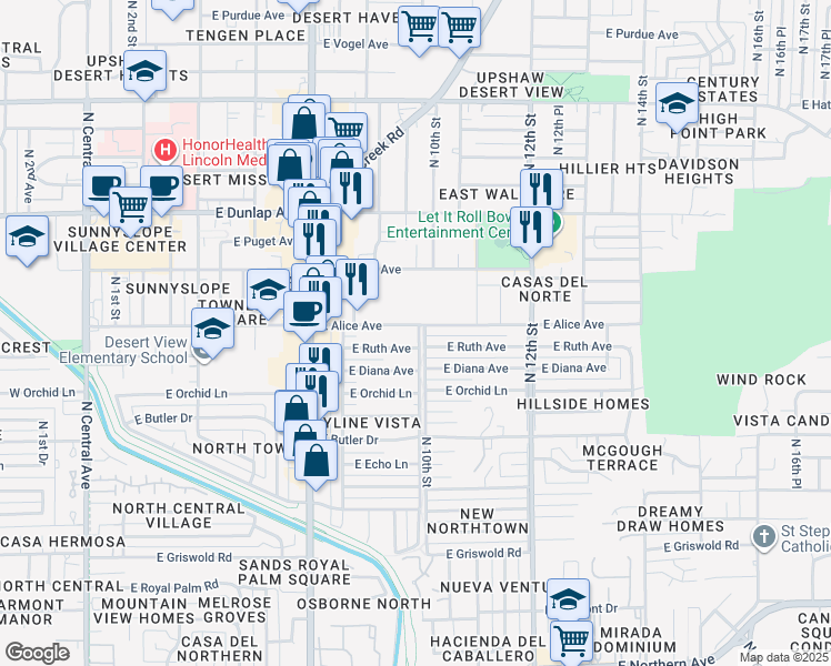 map of restaurants, bars, coffee shops, grocery stores, and more near 1007 East Alice Avenue in Phoenix