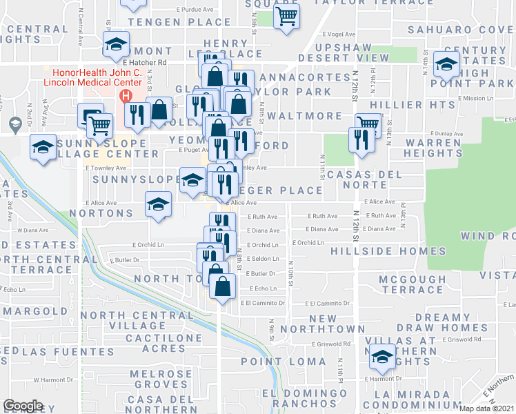 map of restaurants, bars, coffee shops, grocery stores, and more near 805 East Alice Avenue in Phoenix