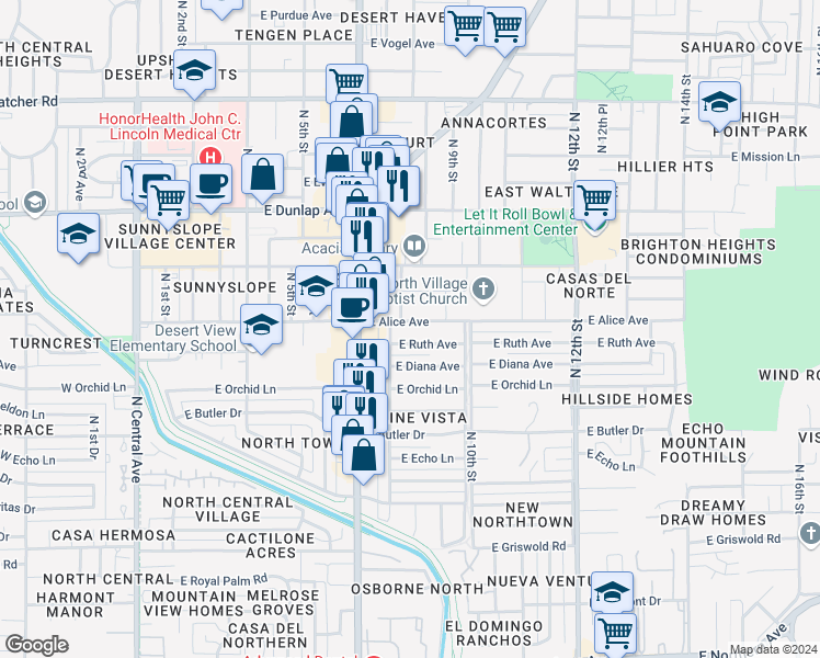 map of restaurants, bars, coffee shops, grocery stores, and more near 805 East Alice Avenue in Phoenix
