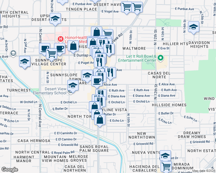 map of restaurants, bars, coffee shops, grocery stores, and more near 805 East Alice Avenue in Phoenix