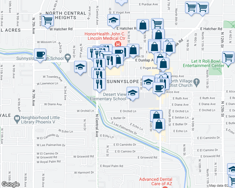 map of restaurants, bars, coffee shops, grocery stores, and more near 207 East Alice Avenue in Phoenix