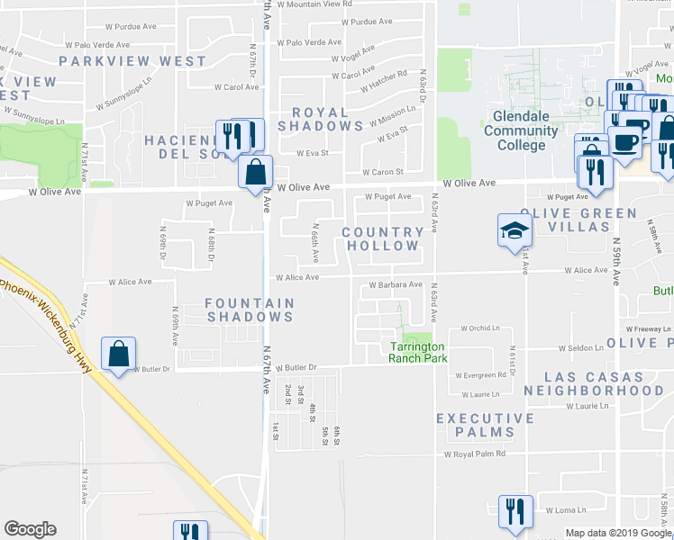 map of restaurants, bars, coffee shops, grocery stores, and more near 6585 West Lawrence Lane in Glendale