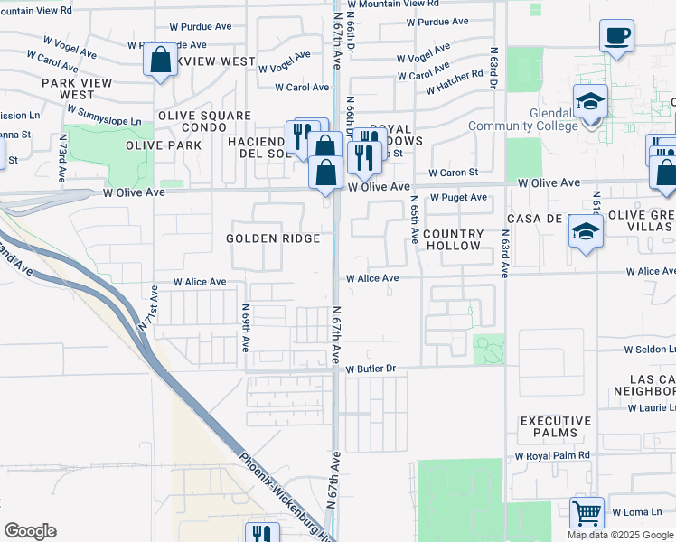 map of restaurants, bars, coffee shops, grocery stores, and more near in Glendale