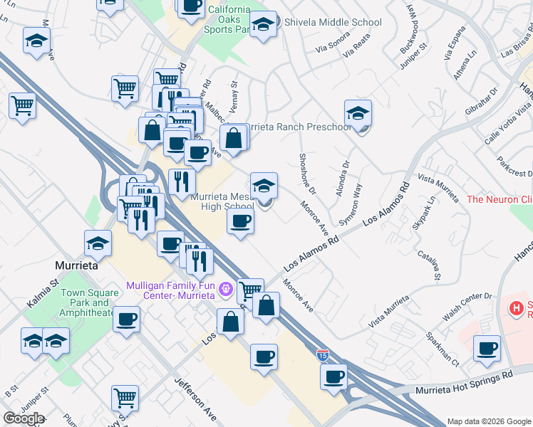 map of restaurants, bars, coffee shops, grocery stores, and more near 24801 Monroe Avenue in Murrieta