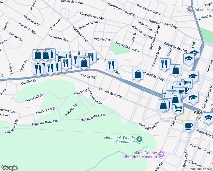 map of restaurants, bars, coffee shops, grocery stores, and more near 143 Trafalgar Street in Aiken