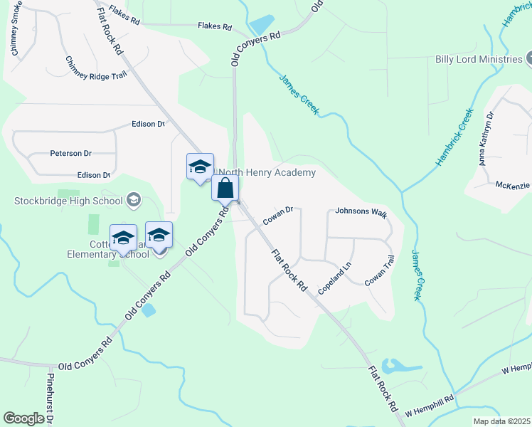 map of restaurants, bars, coffee shops, grocery stores, and more near 25 Cowan Court in Stockbridge