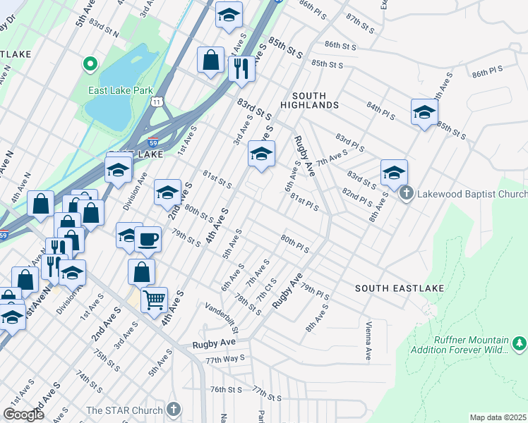 map of restaurants, bars, coffee shops, grocery stores, and more near 520 81st Street South in Birmingham