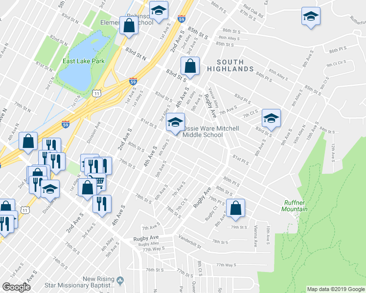 map of restaurants, bars, coffee shops, grocery stores, and more near 520 81st Street South in Birmingham