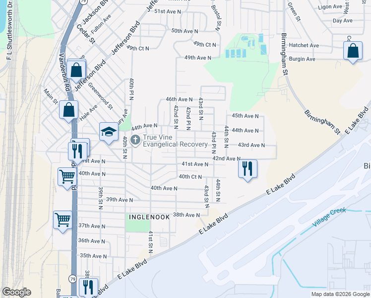 map of restaurants, bars, coffee shops, grocery stores, and more near 4221 43rd Avenue North in Birmingham