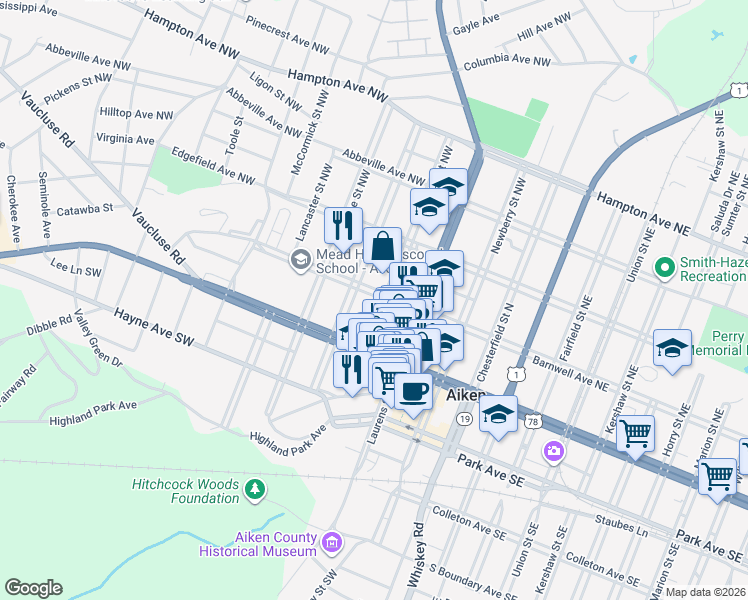 map of restaurants, bars, coffee shops, grocery stores, and more near 153 Pendleton Street Northwest in Aiken