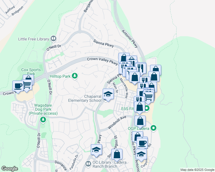 map of restaurants, bars, coffee shops, grocery stores, and more near 2 Sienna Parkway in Ladera Ranch