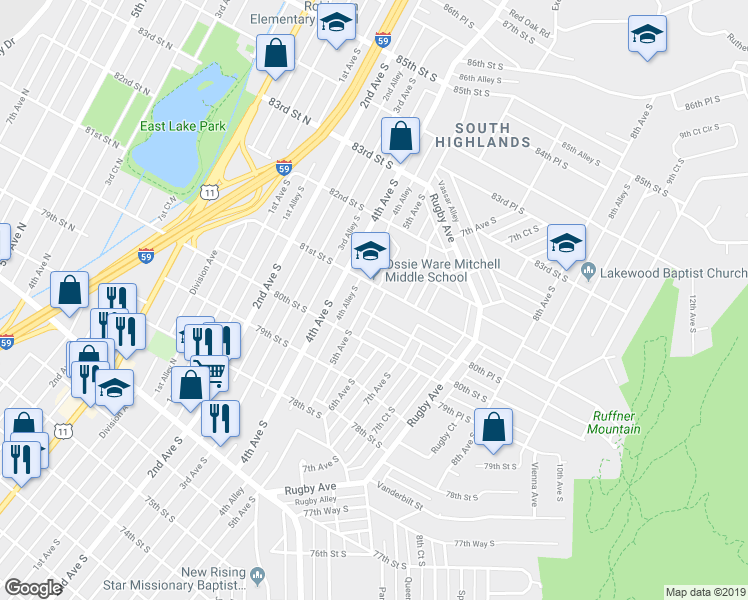 map of restaurants, bars, coffee shops, grocery stores, and more near 8037 5th Ave S in Birmingham