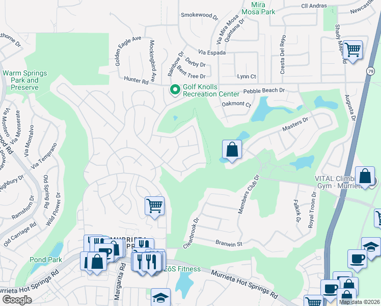 map of restaurants, bars, coffee shops, grocery stores, and more near 29150 Calle Cisne in Murrieta
