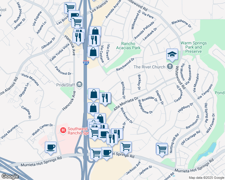 map of restaurants, bars, coffee shops, grocery stores, and more near 39978 Pearl Drive in Murrieta