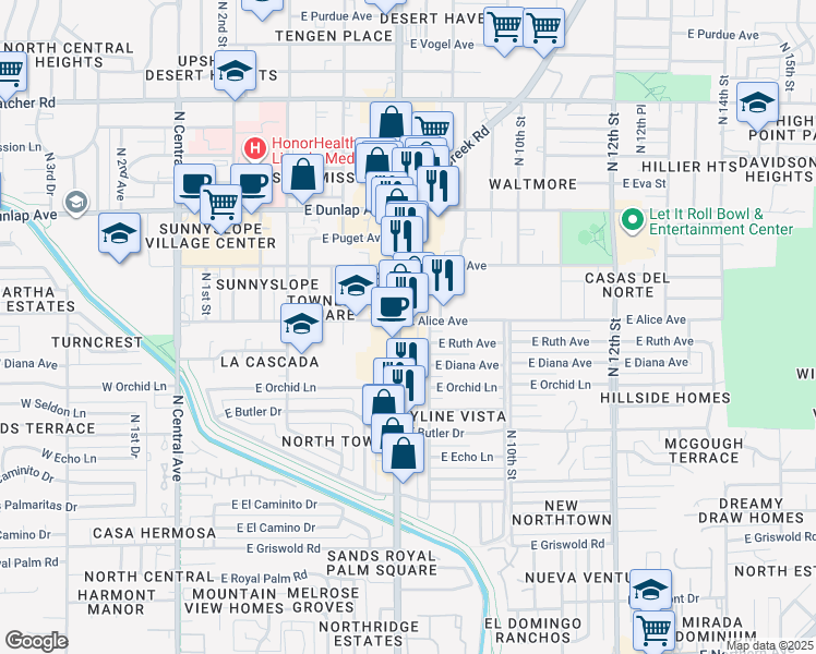 map of restaurants, bars, coffee shops, grocery stores, and more near 8645 North 7th Street in Phoenix
