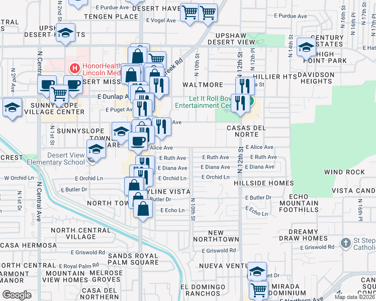 map of restaurants, bars, coffee shops, grocery stores, and more near 1007 East Alice Avenue in Phoenix