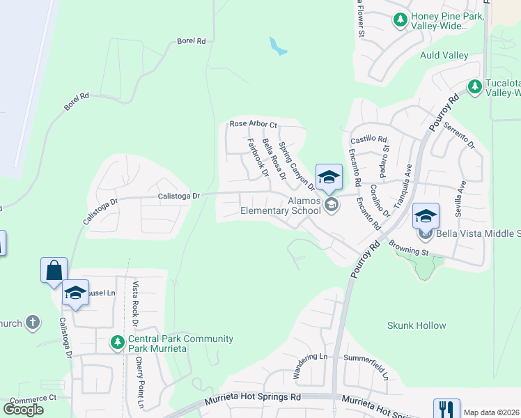 map of restaurants, bars, coffee shops, grocery stores, and more near 38373 Applewood Court in Murrieta