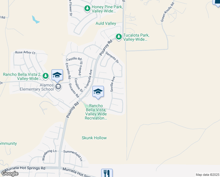 map of restaurants, bars, coffee shops, grocery stores, and more near 38315 Sevilla Avenue in Murrieta