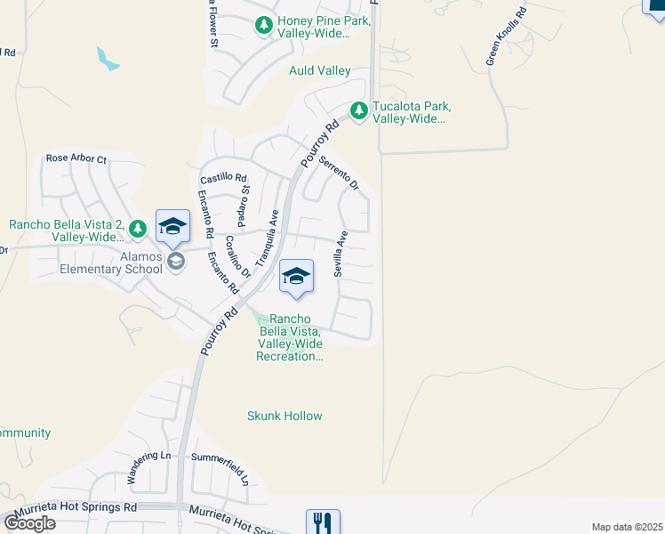 map of restaurants, bars, coffee shops, grocery stores, and more near 38315 Sevilla Avenue in Murrieta