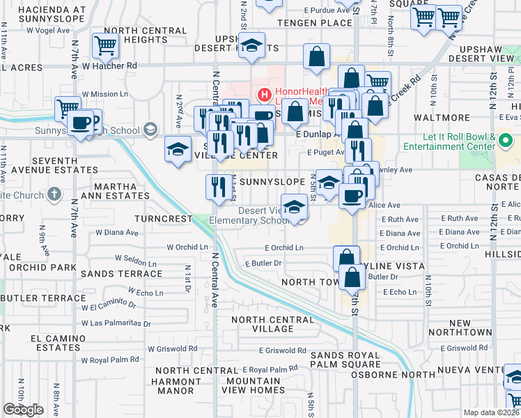 map of restaurants, bars, coffee shops, grocery stores, and more near 207 East Alice Avenue in Phoenix