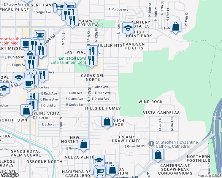 map of restaurants, bars, coffee shops, grocery stores, and more near 1329 East Alice Avenue in Phoenix