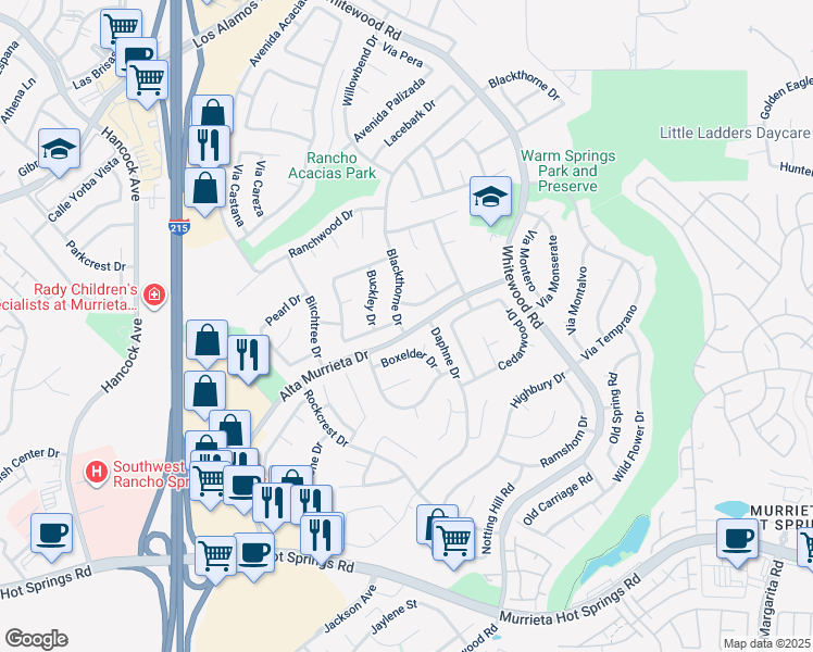 map of restaurants, bars, coffee shops, grocery stores, and more near 25568 Blackthorne Drive in Murrieta