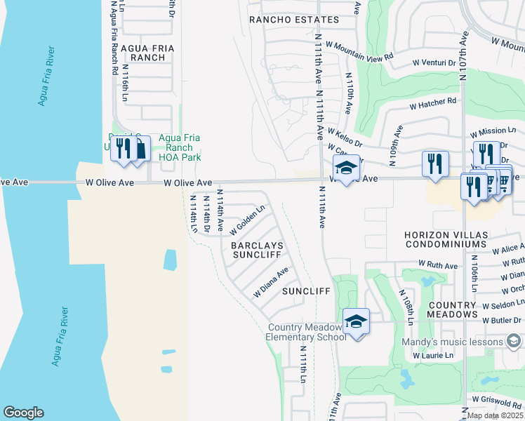 map of restaurants, bars, coffee shops, grocery stores, and more near 11211 West Golden Lane in Peoria