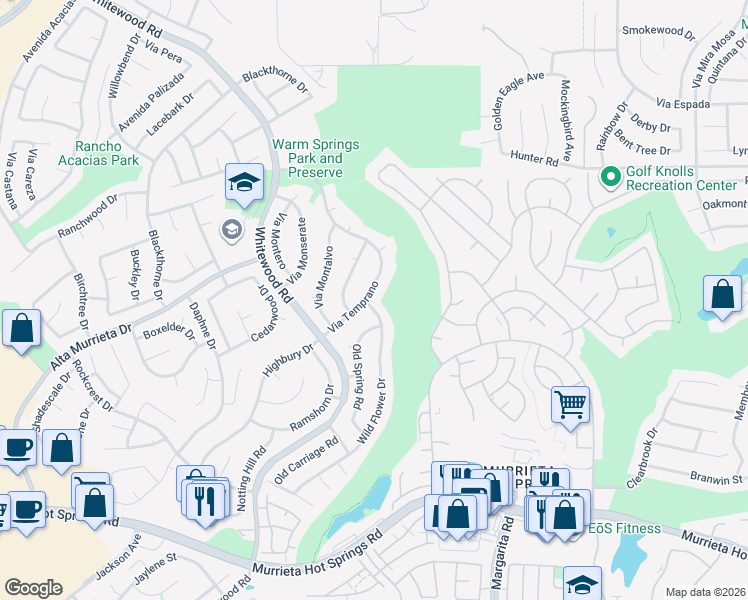map of restaurants, bars, coffee shops, grocery stores, and more near 39624 Via Temprano in Murrieta