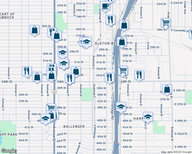 map of restaurants, bars, coffee shops, grocery stores, and more near 1123 33rd Street in Lubbock