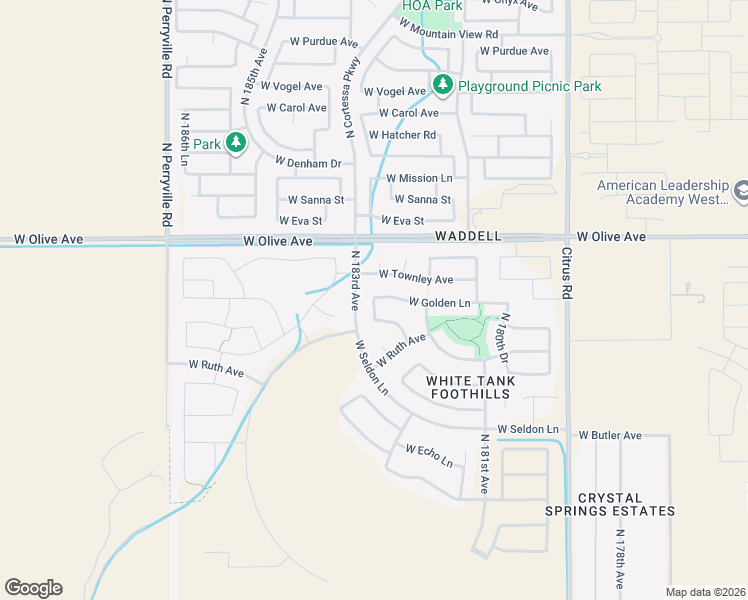 map of restaurants, bars, coffee shops, grocery stores, and more near 18631 West Golden Lane in Waddell