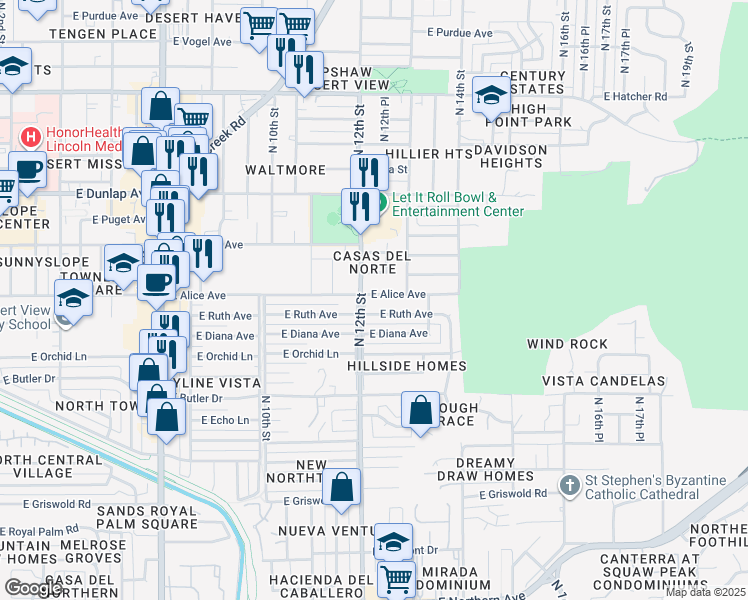 map of restaurants, bars, coffee shops, grocery stores, and more near 1207 East Alice Avenue in Phoenix
