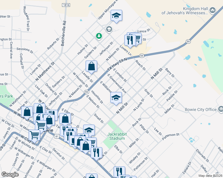 map of restaurants, bars, coffee shops, grocery stores, and more near 303 East Williams Street in Bowie
