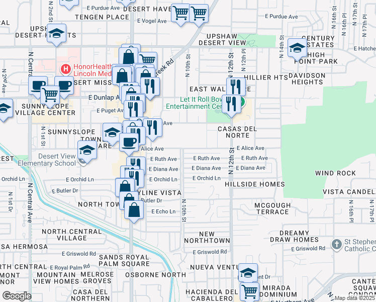map of restaurants, bars, coffee shops, grocery stores, and more near 1007 East Alice Avenue in Phoenix