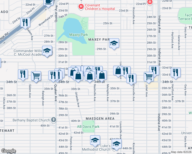 map of restaurants, bars, coffee shops, grocery stores, and more near 3819 33rd Street in Lubbock