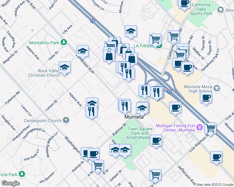 map of restaurants, bars, coffee shops, grocery stores, and more near 24490 Jefferson Avenue in Murrieta