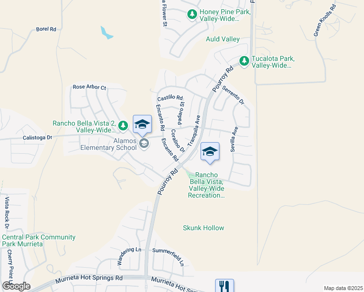 map of restaurants, bars, coffee shops, grocery stores, and more near 38444 Coralino Drive in Murrieta