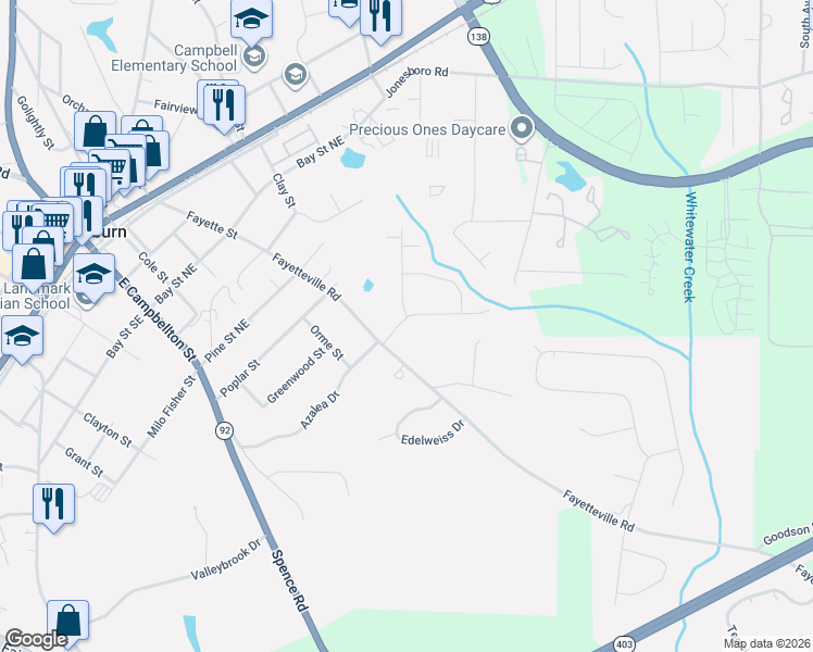 map of restaurants, bars, coffee shops, grocery stores, and more near 104 Shannon Chase Drive in Fairburn
