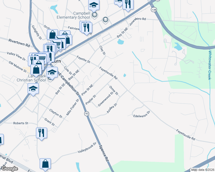map of restaurants, bars, coffee shops, grocery stores, and more near 141 Poplar Street in Fairburn