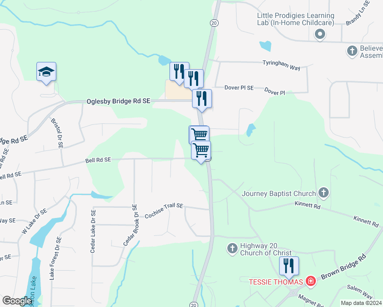 map of restaurants, bars, coffee shops, grocery stores, and more near 926 Bell Road Southeast in Conyers