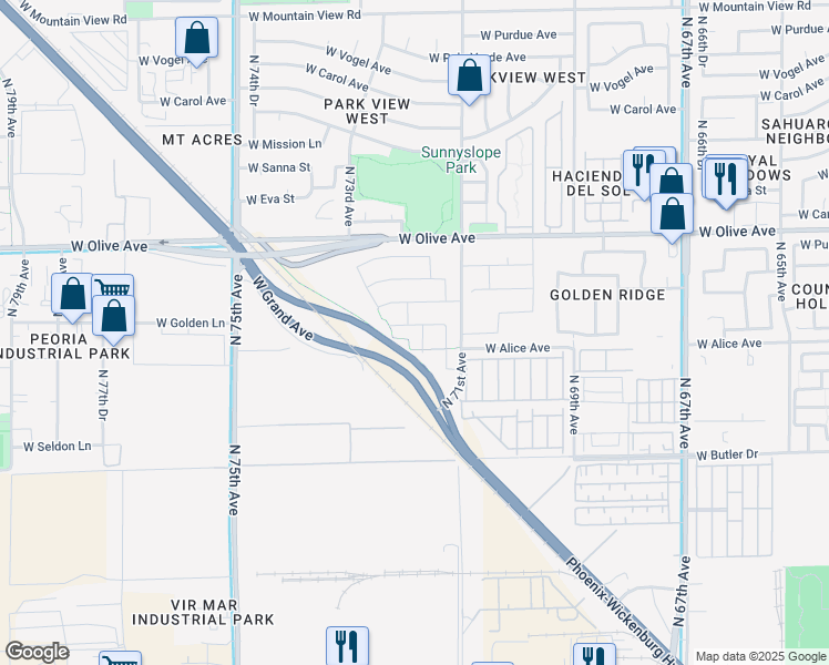 map of restaurants, bars, coffee shops, grocery stores, and more near 7181 West Lawrence Lane in Peoria