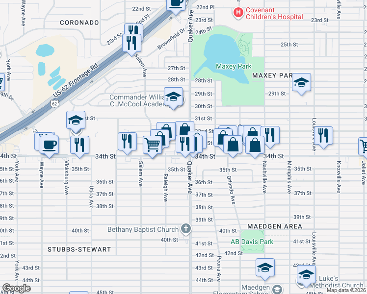 map of restaurants, bars, coffee shops, grocery stores, and more near 3302 Quaker Avenue in Lubbock