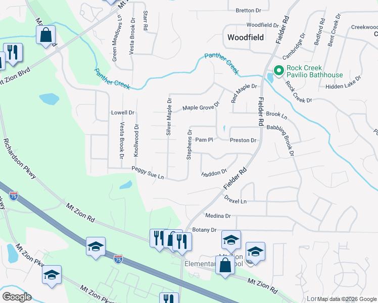 map of restaurants, bars, coffee shops, grocery stores, and more near Stephens Drive in Rex