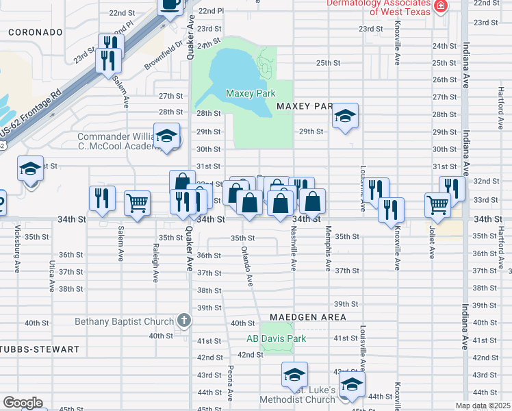 map of restaurants, bars, coffee shops, grocery stores, and more near 4101 33rd St in Lubbock