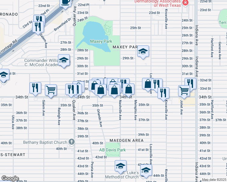 map of restaurants, bars, coffee shops, grocery stores, and more near 4009 33rd Street in Lubbock
