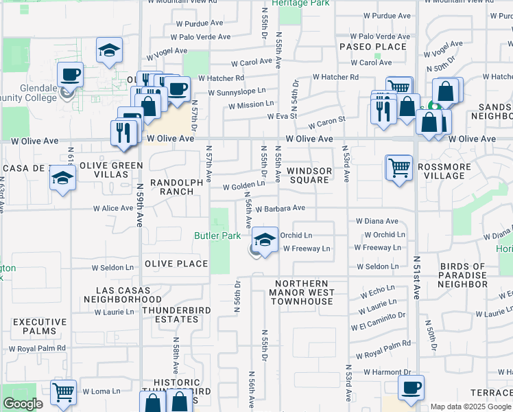 map of restaurants, bars, coffee shops, grocery stores, and more near 5532 West Barbara Avenue in Glendale